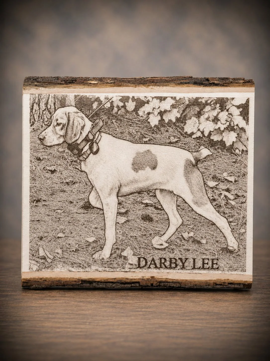 Darby Lee dog portrait engraved on natural wood
