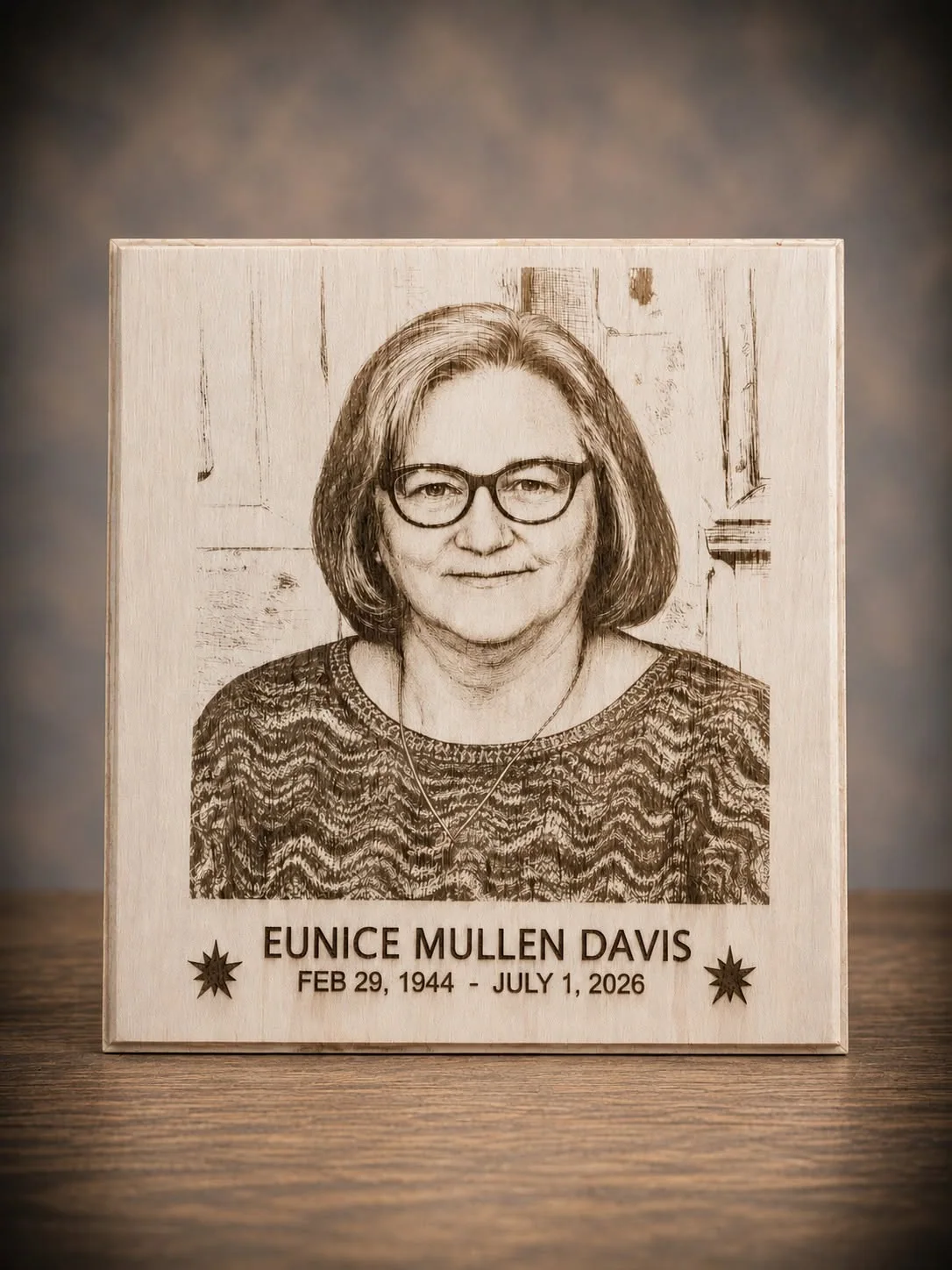 Eunice Mullen Davis memorial photo engraving
