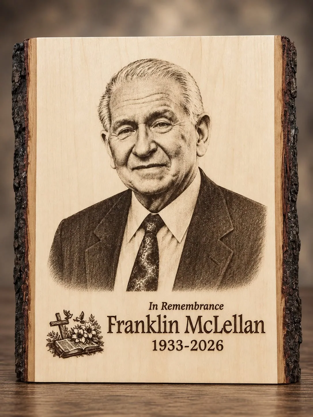 Franklin McLellan remembrance on live-edge wood