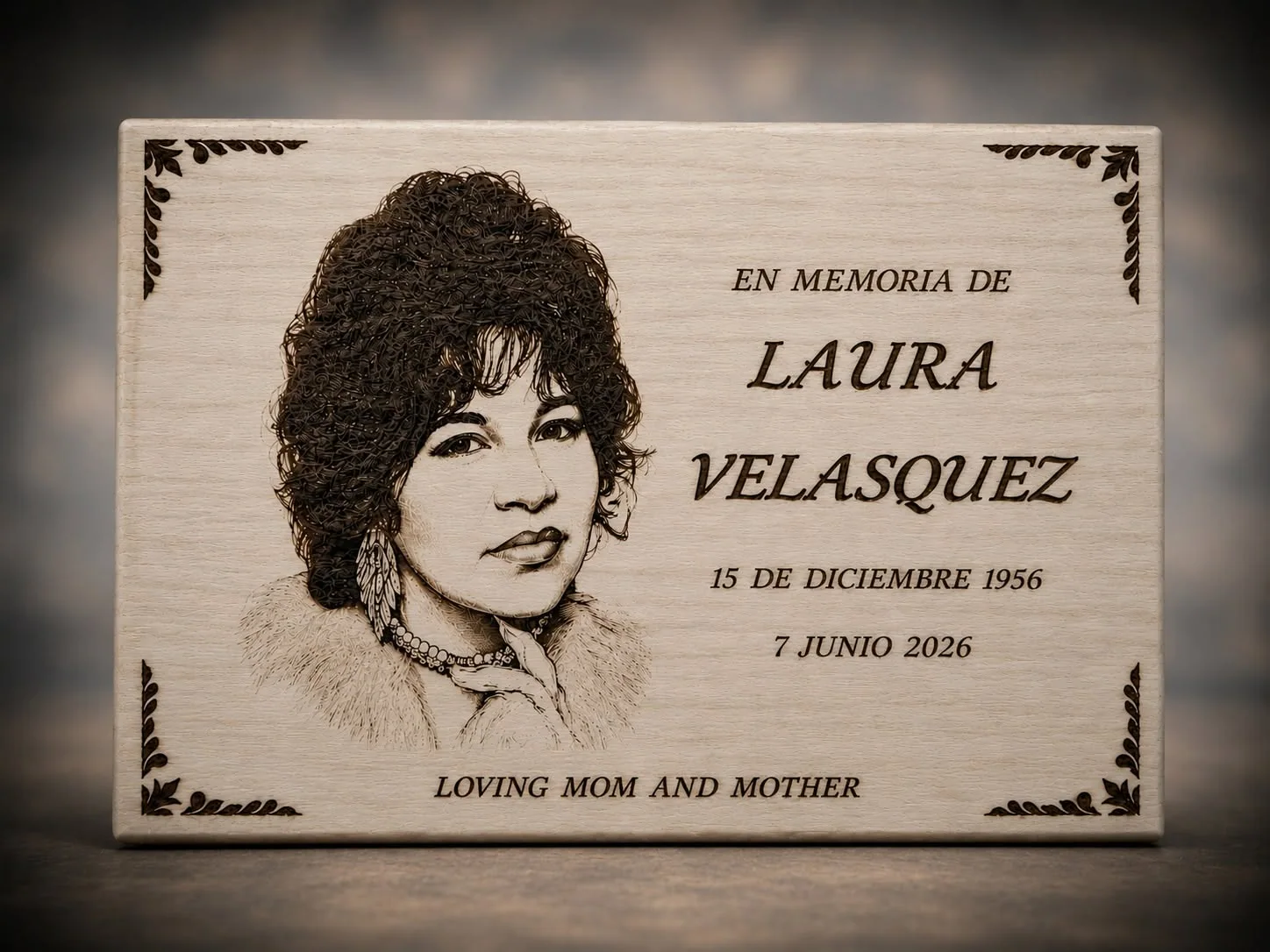Laura Velasquez personalized Spanish memorial plaque