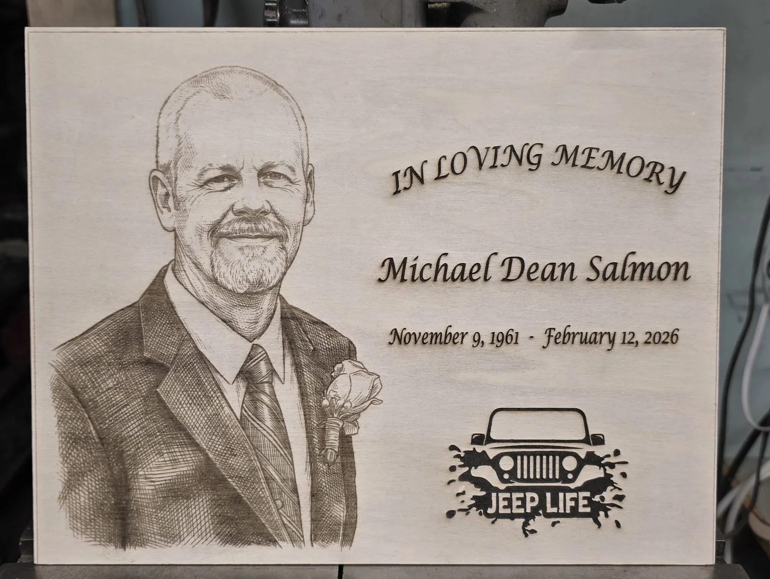 Michael Dean Salmon memorial wood plaque