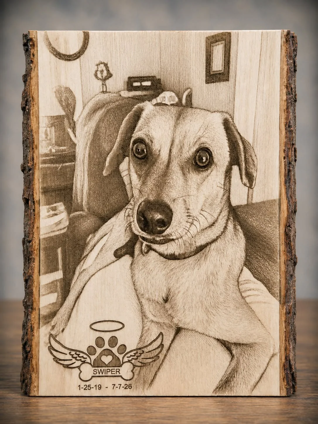 Swiper engraved pet memorial with paw and angel wings