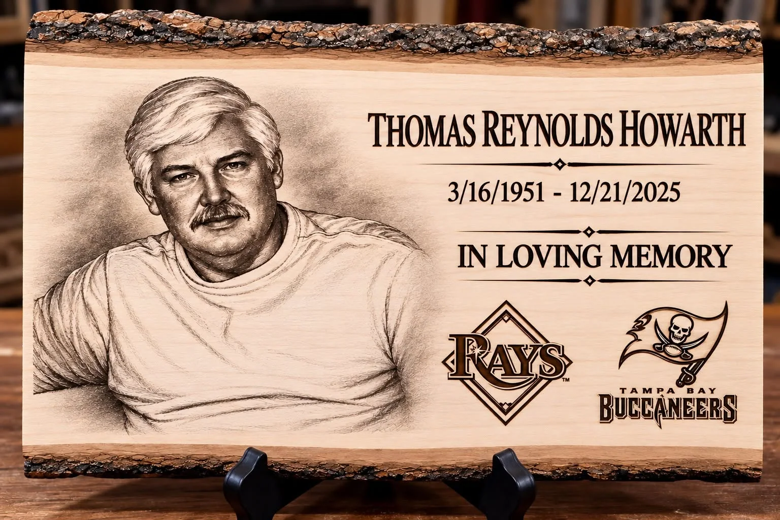 Personalized wood engraving featuring a portrait and memorial details
