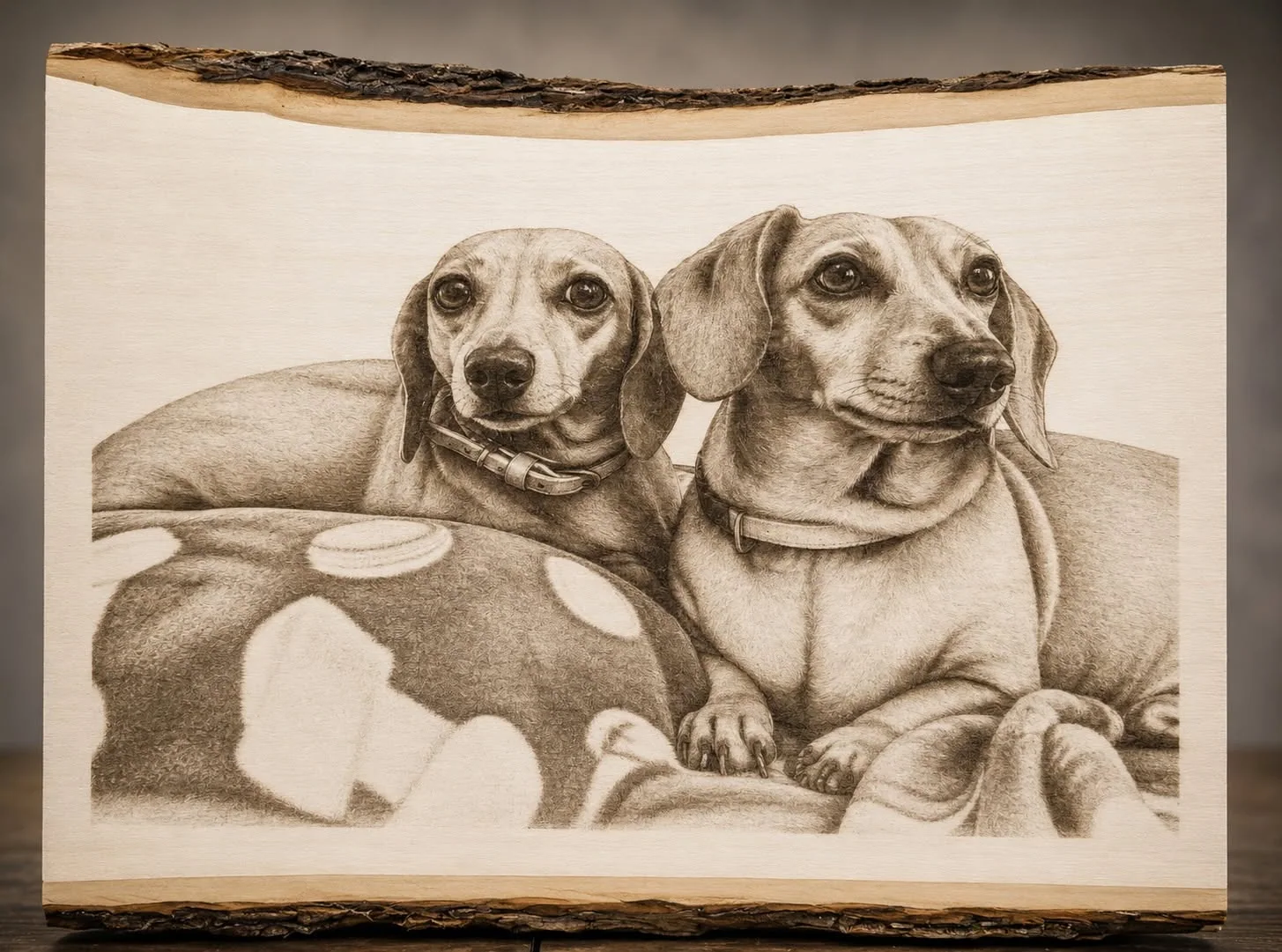 Two beloved dachshunds engraved onto wood